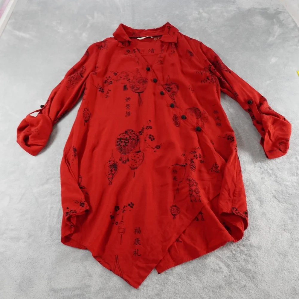 Soft Surroundings Asymmetrical Tunic Top M Red Chinese Lantern Print Roll Tab - Picture 10 of 12
